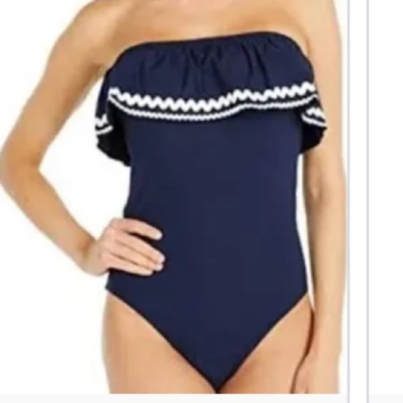 J.Crew Navy Blue Ruffle Bandeau  Textured One Piece Swim Suit - Picture 1 of 7